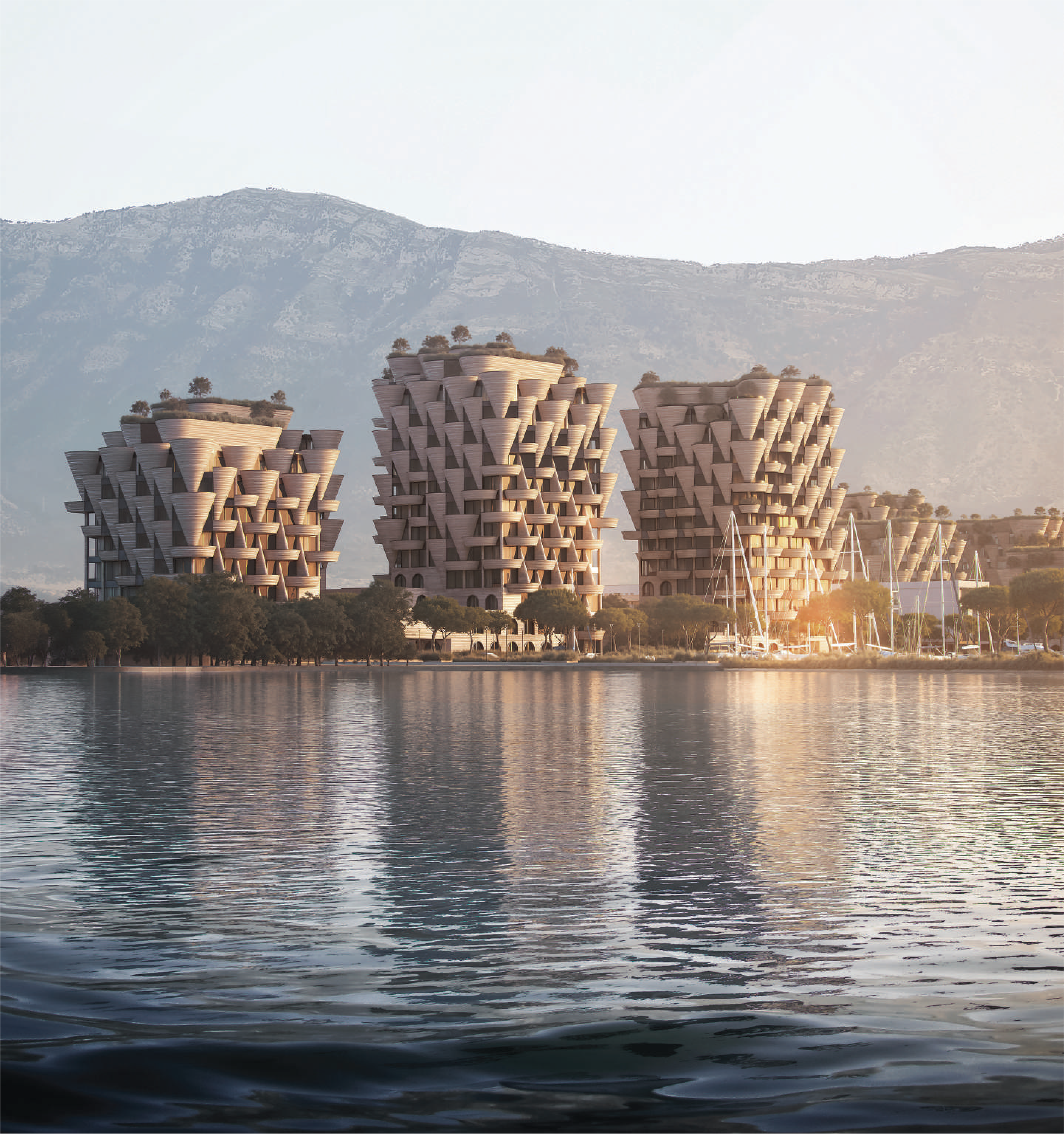 The Marina Orikum residences rising along the Ionian shore beneath Mount Çika
